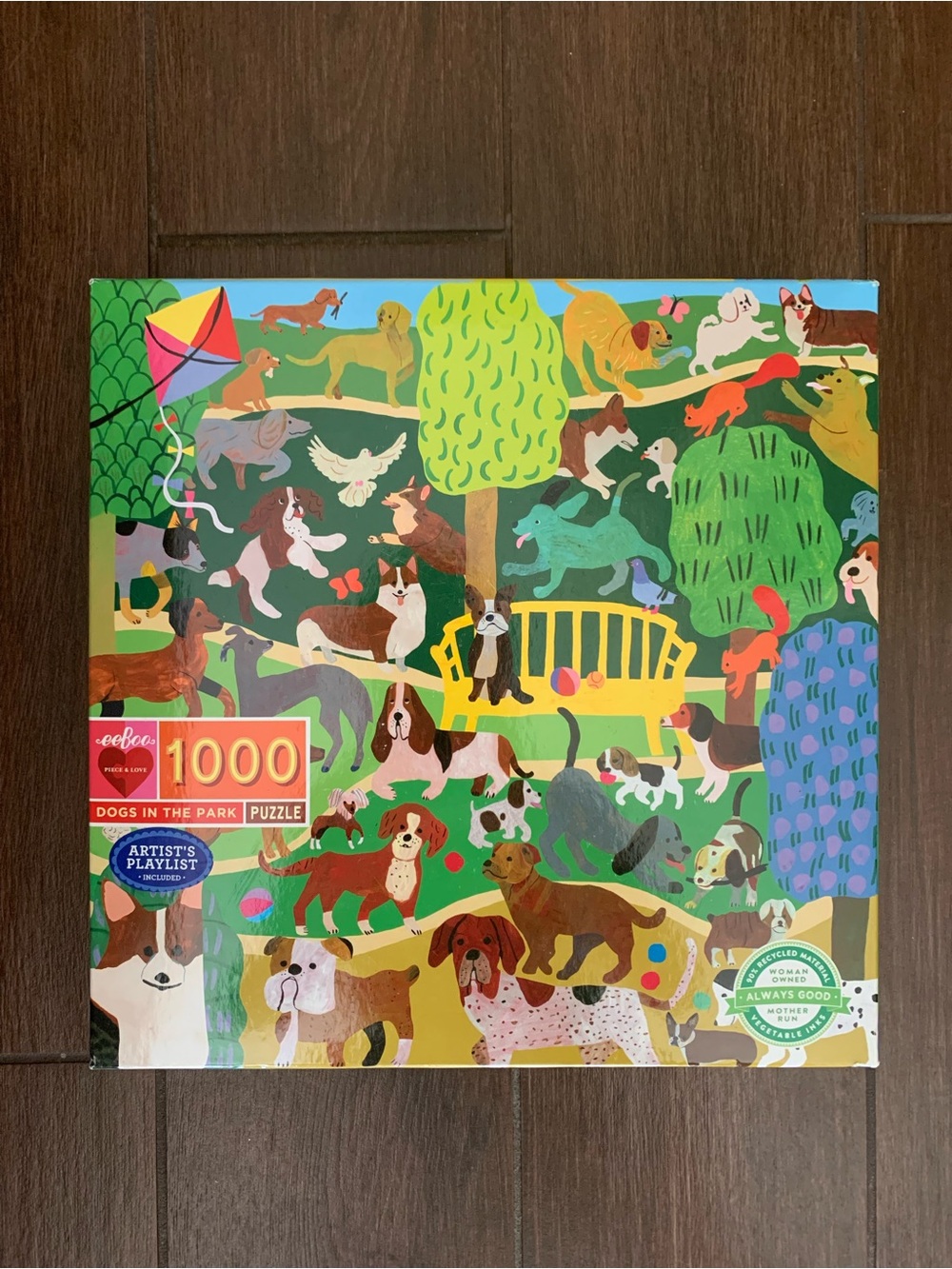 eeBoo Dogs in Park 1000 Pc Square Jigsaw Puzzle by Monika Forsberg 2021 Complete